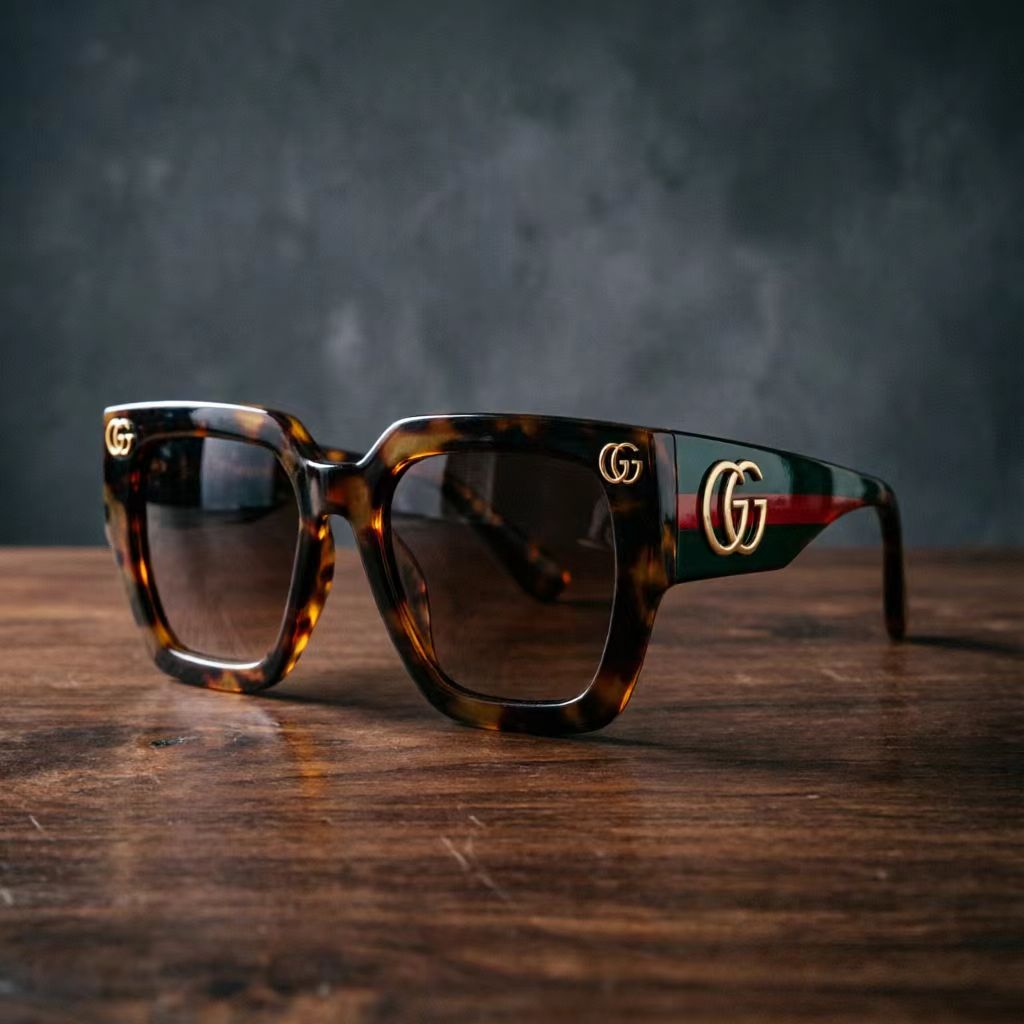 Gucci Web Stripe Tortoise Square Sunglasses Double G Logo UV400 Shades For Women