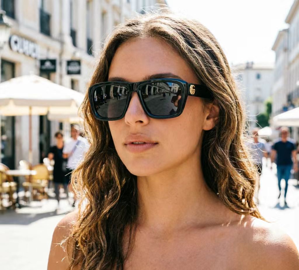 Shop luxury Gucci square sunglasses with iconic gold Double G logo. Glossy black acetate frame, UV400 polarized lenses, unisex design for driving, travel & daily streetwear. Comes with original Gucci box, case & packaging. Free worldwide shipping.