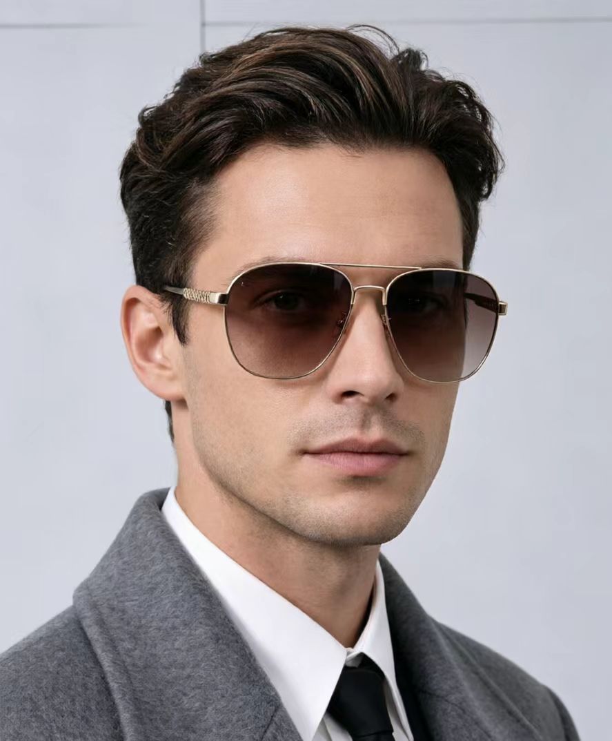 Gucci Gold Metal Aviator Sunglasses Snake Chain Temple Gradient UV Shades Unisex