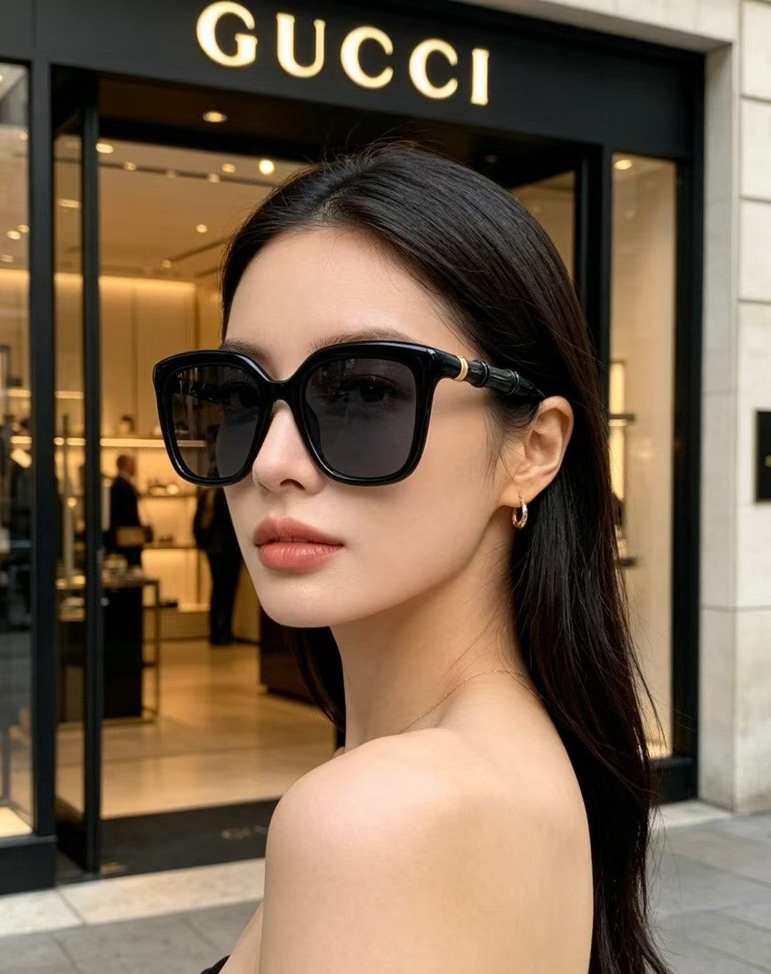 Gucci Bamboo Square Sunglasses Black Frame UV Protection Shades For Women